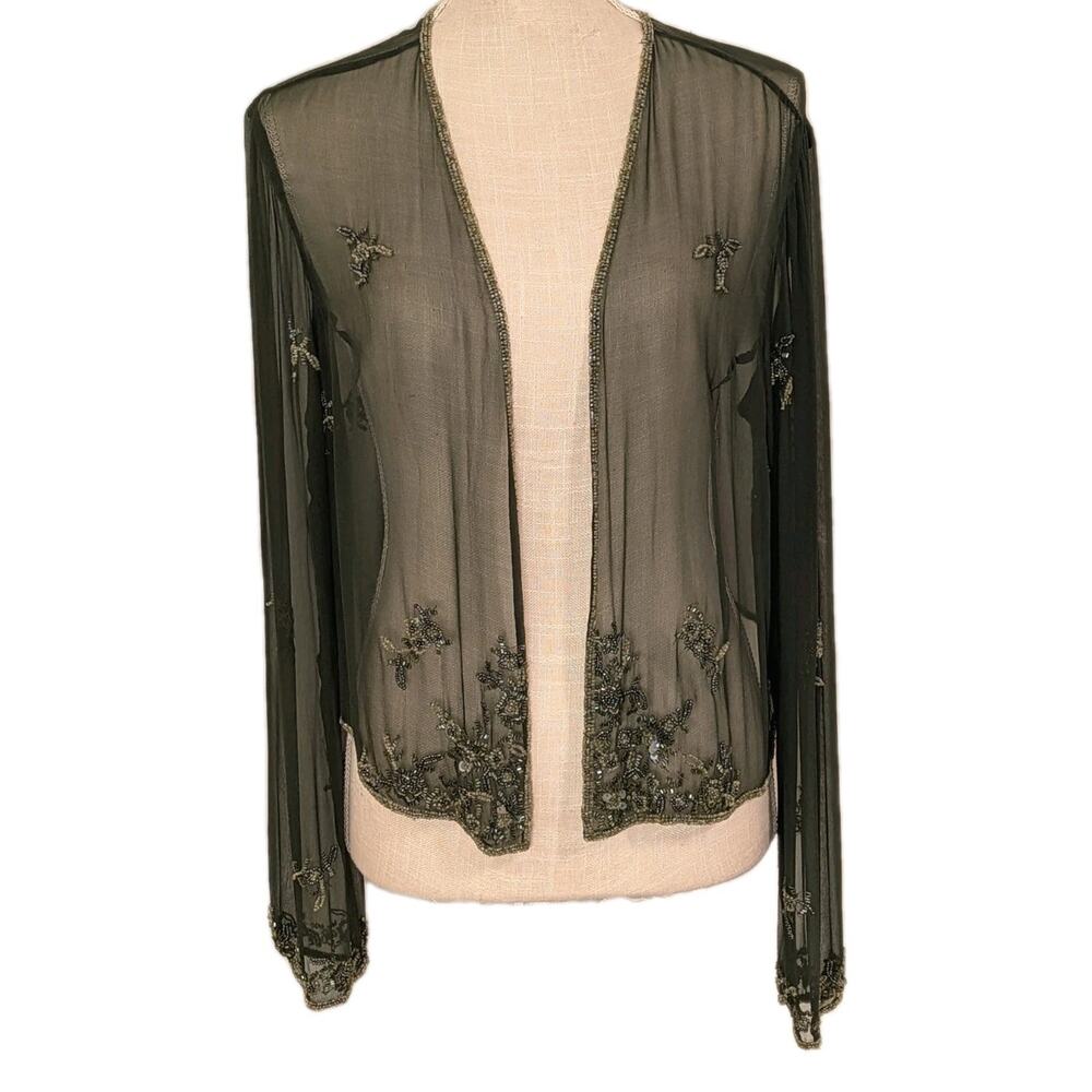 VTG Scala 100% Silk Beaded Sheer Elegant Cardigan Wedding Event Green Party